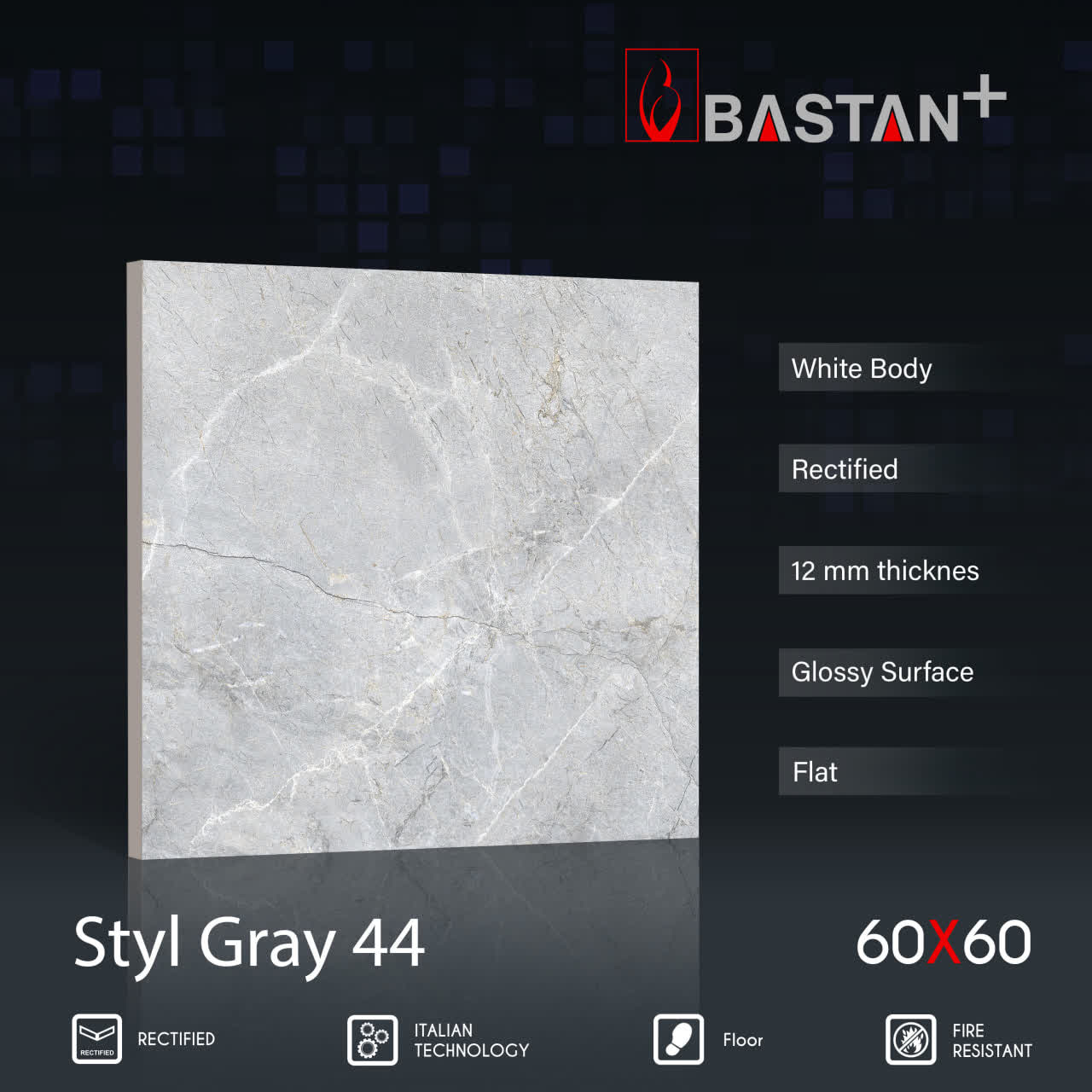کاشی و سرامیک  بدنه سفید 60×60 استایل طوسی روشن 5664 (براق 44) (باستان)