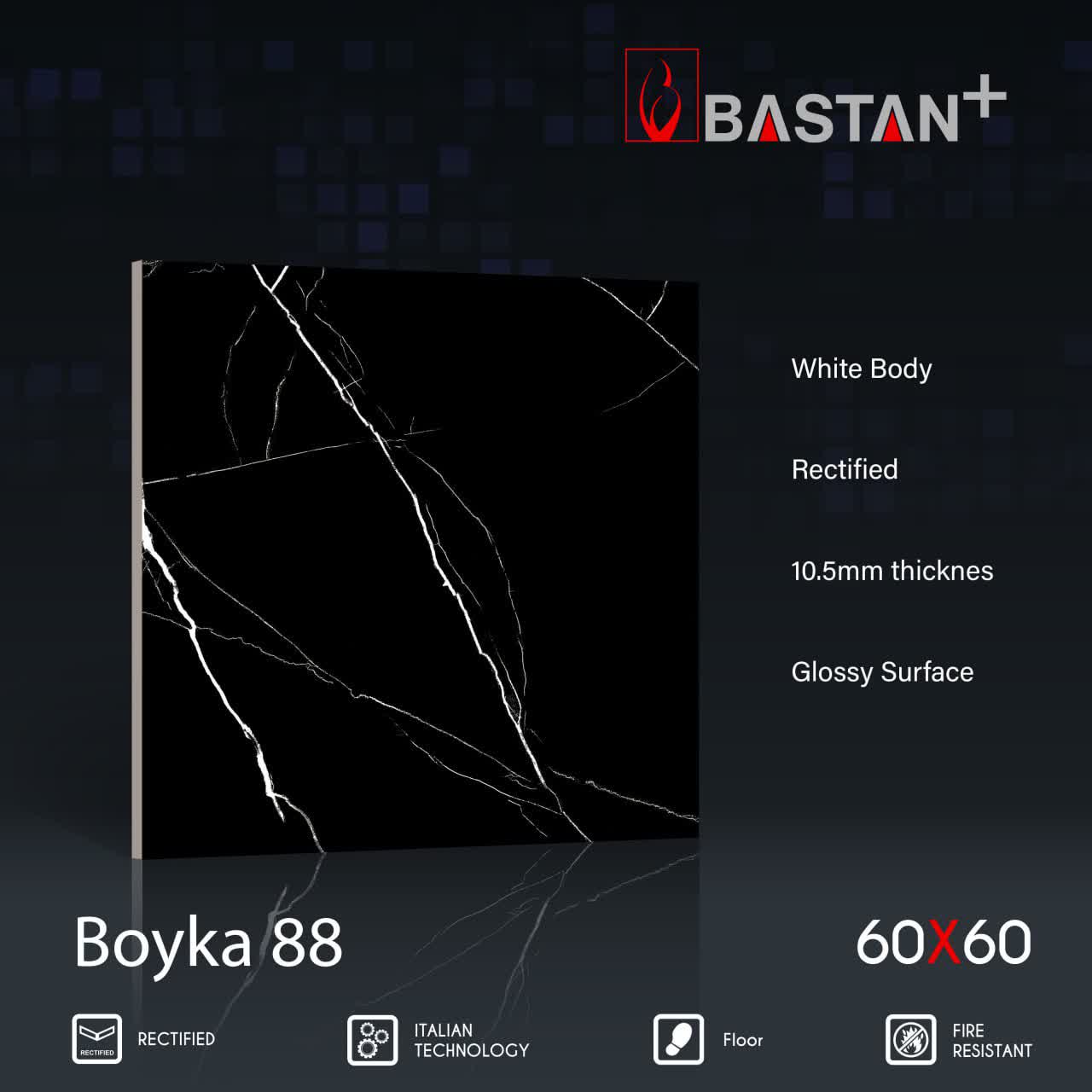 کاشی و سرامیک  بدنه سفید 60×60 بویکا مشکی 5719 (براق 88) (باستان)