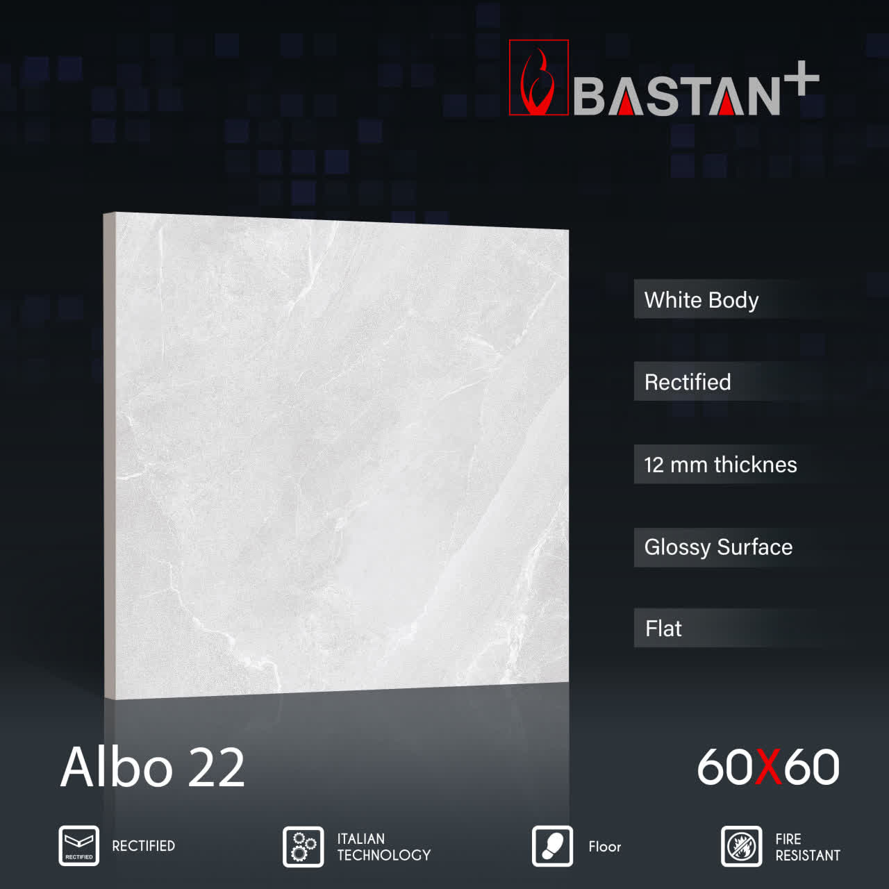 کاشی و سرامیک  بدنه سفید 60×60 آلبو 5858 (براق 22) ضخامت بالا
