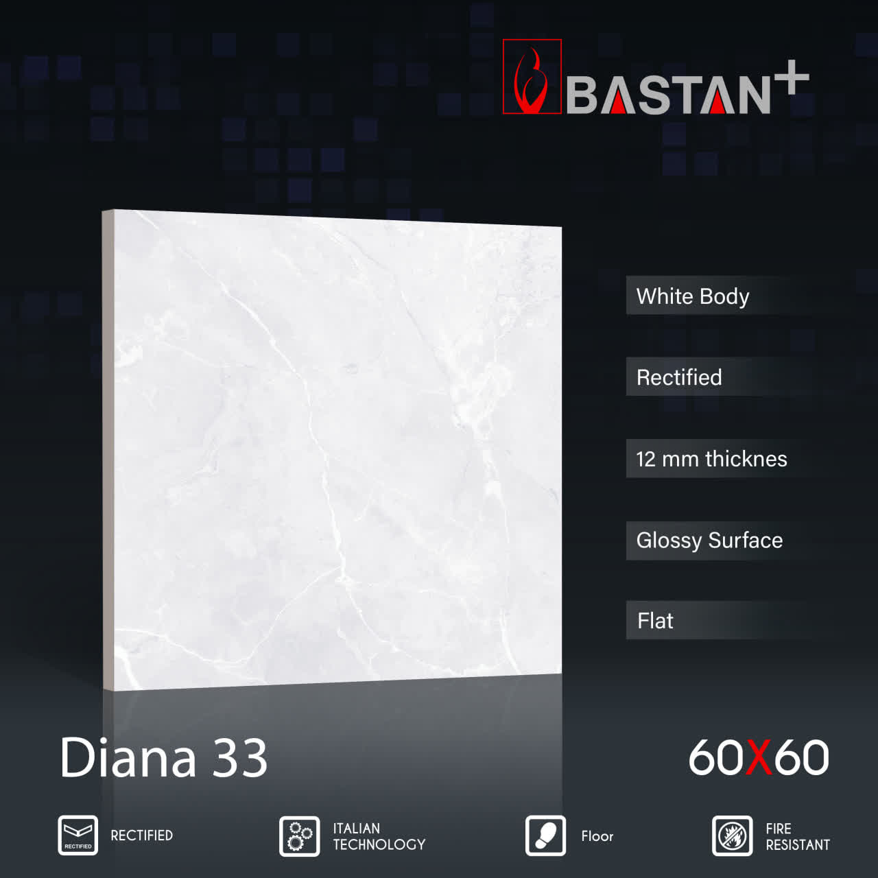 کاشی و سرامیک  بدنه سفید 60×60 دیانا 6038 (براق 33) ضخامت بالا