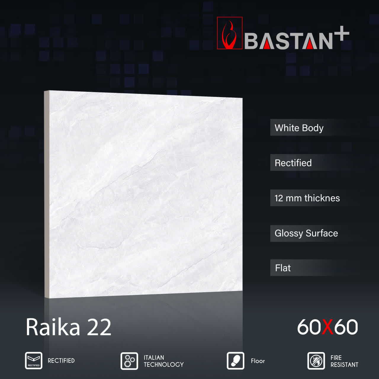 کاشی و سرامیک  بدنه سفید 60×60 رایکا 5840 (براق 22) ضخامت بالا