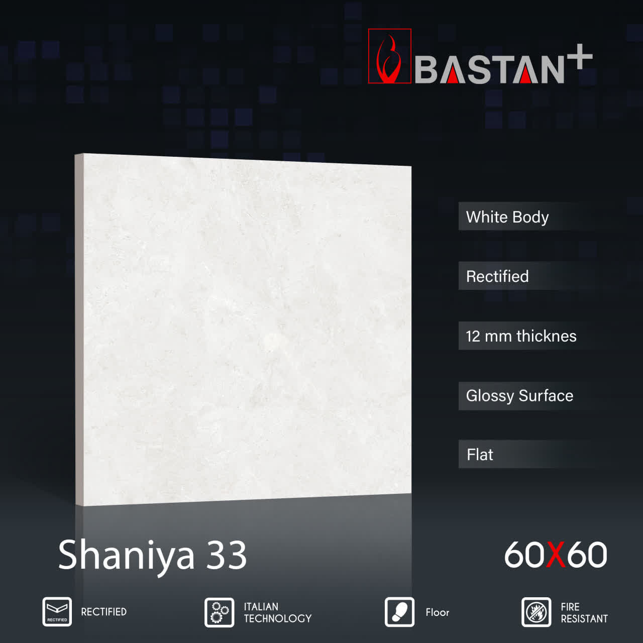 کاشی و سرامیک  بدنه سفید 60×60 شانیا 6056 (براق 33) ضخامت بالا