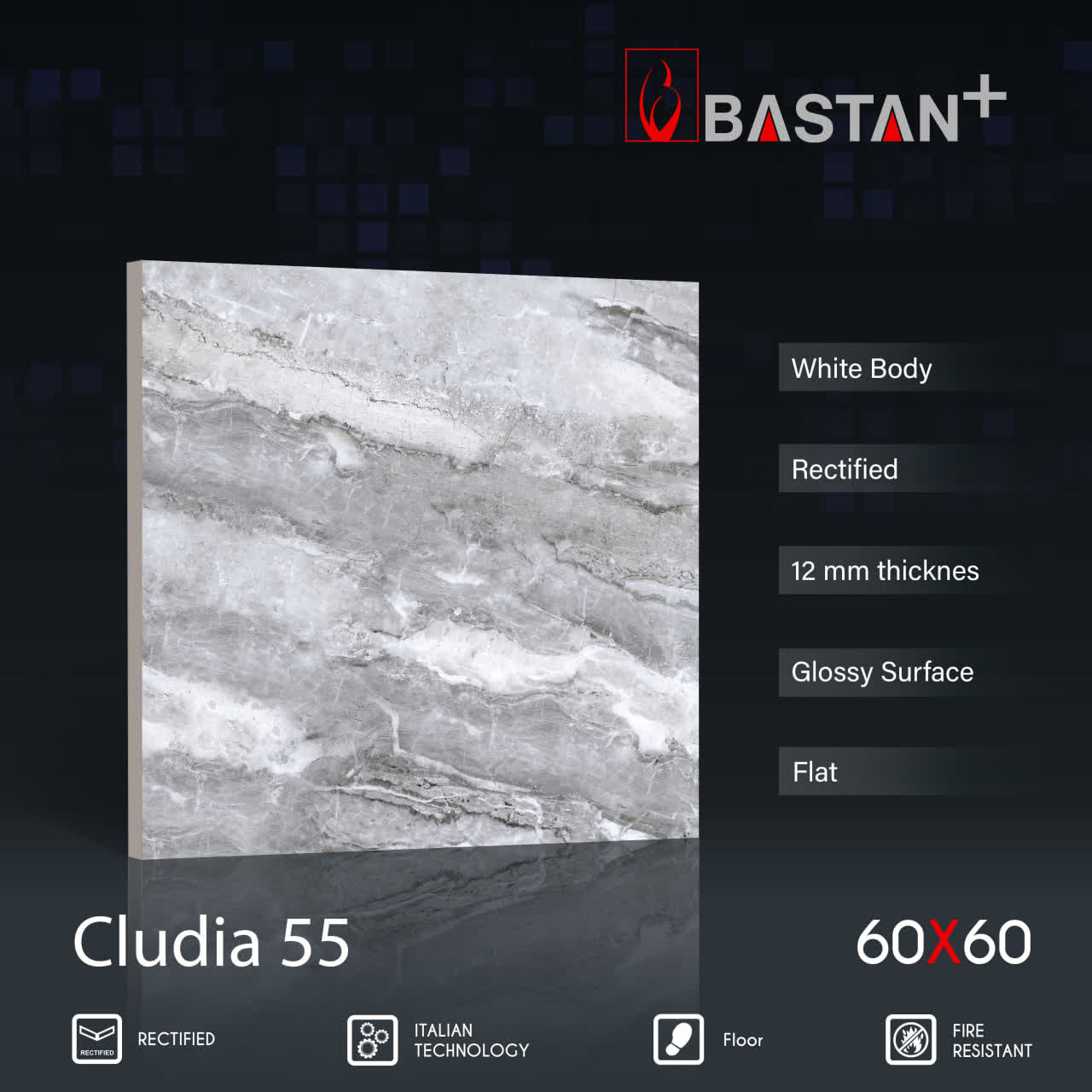 کاشی و سرامیک  بدنه سفید 60×60 کلودیا 5784 (براق 55) ضخامت بالا