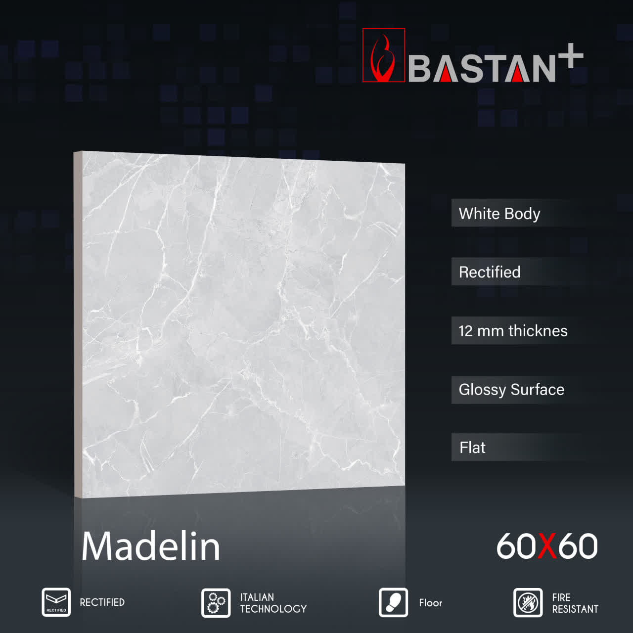 کاشی و سرامیک  بدنه سفید 60×60 مادلین 6085 (براق 44) ضخامت بالا
