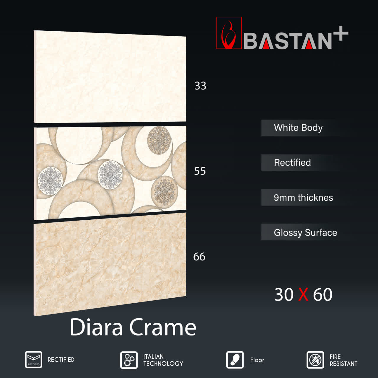 کاشی و سرامیک  بدنه سفید 60×30 دیارا کرم روشن 5208 (براق 33)