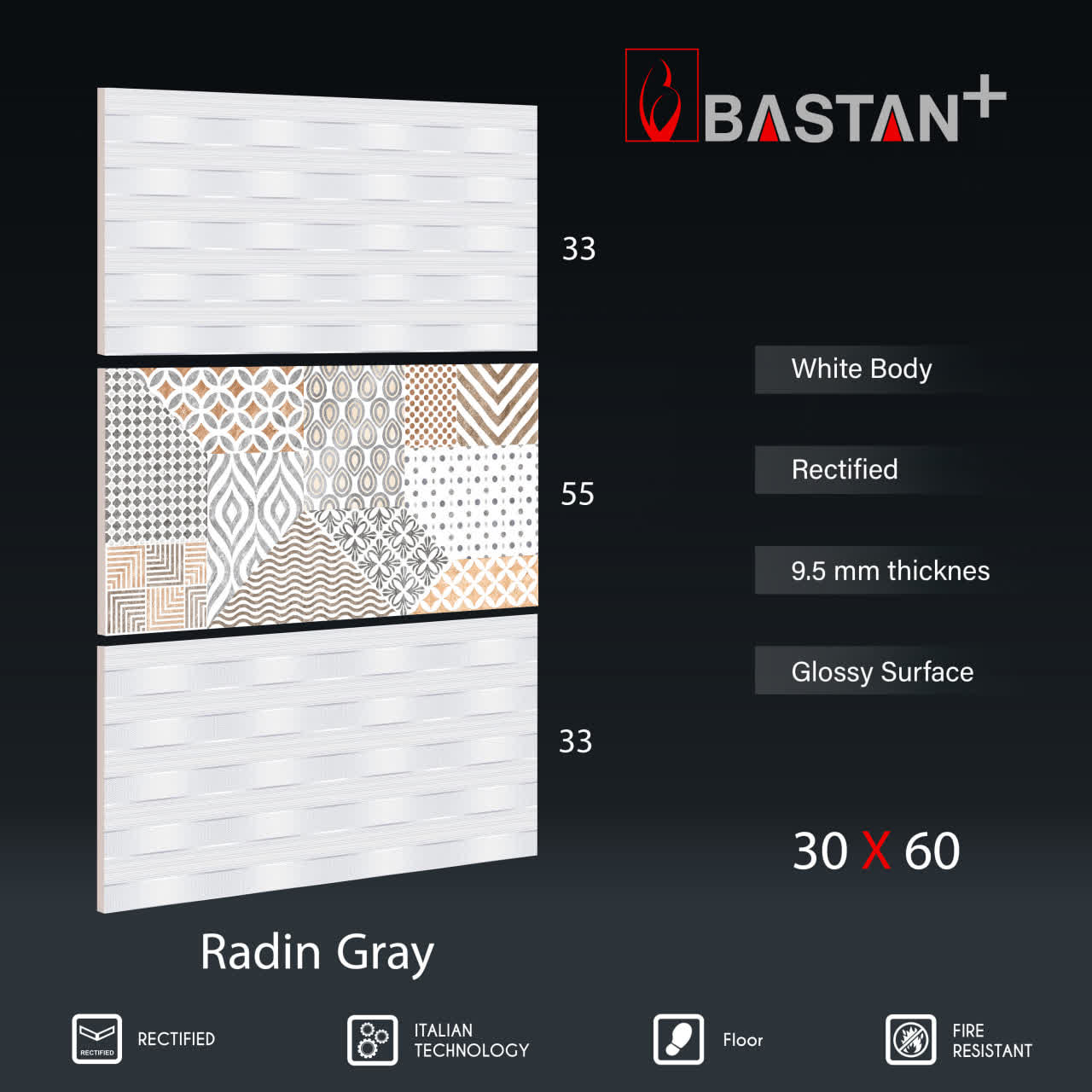 کاشی و سرامیک  بدنه سفید 60×30 رادین طوسی دکور 5385 (براق 55)