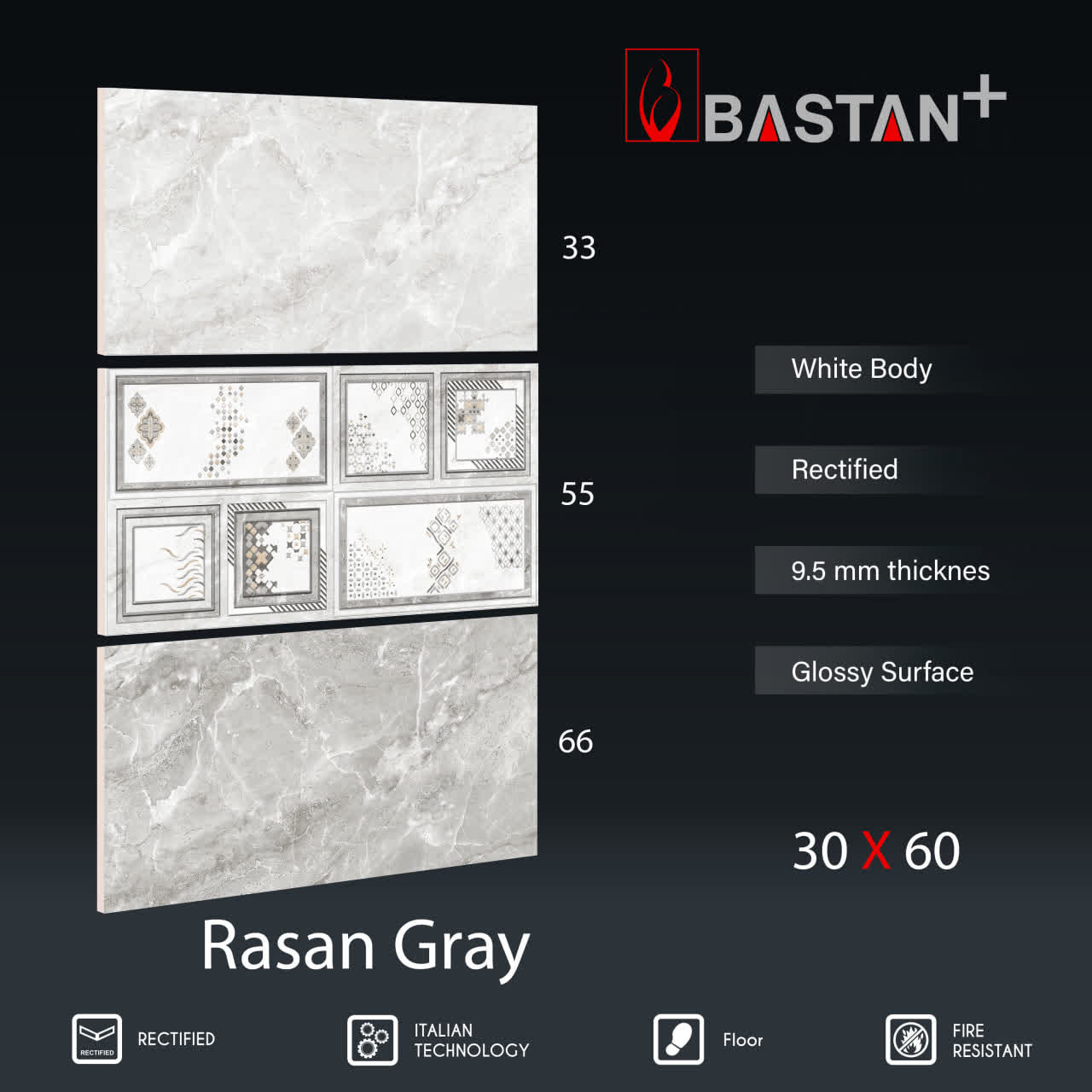 کاشی و سرامیک  بدنه سفید 60×30 راسان طوسی دکور 5340 (براق 55)