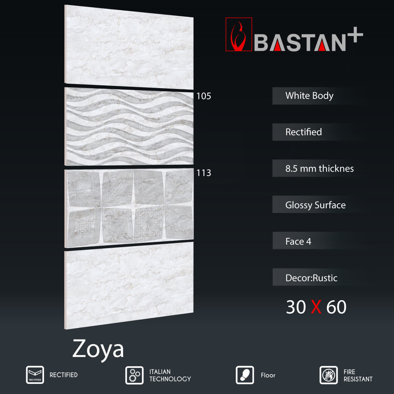 کاشی و سرامیک  بدنه سفید 60×30 زویا تیره کونیک 5689 (براق 66)