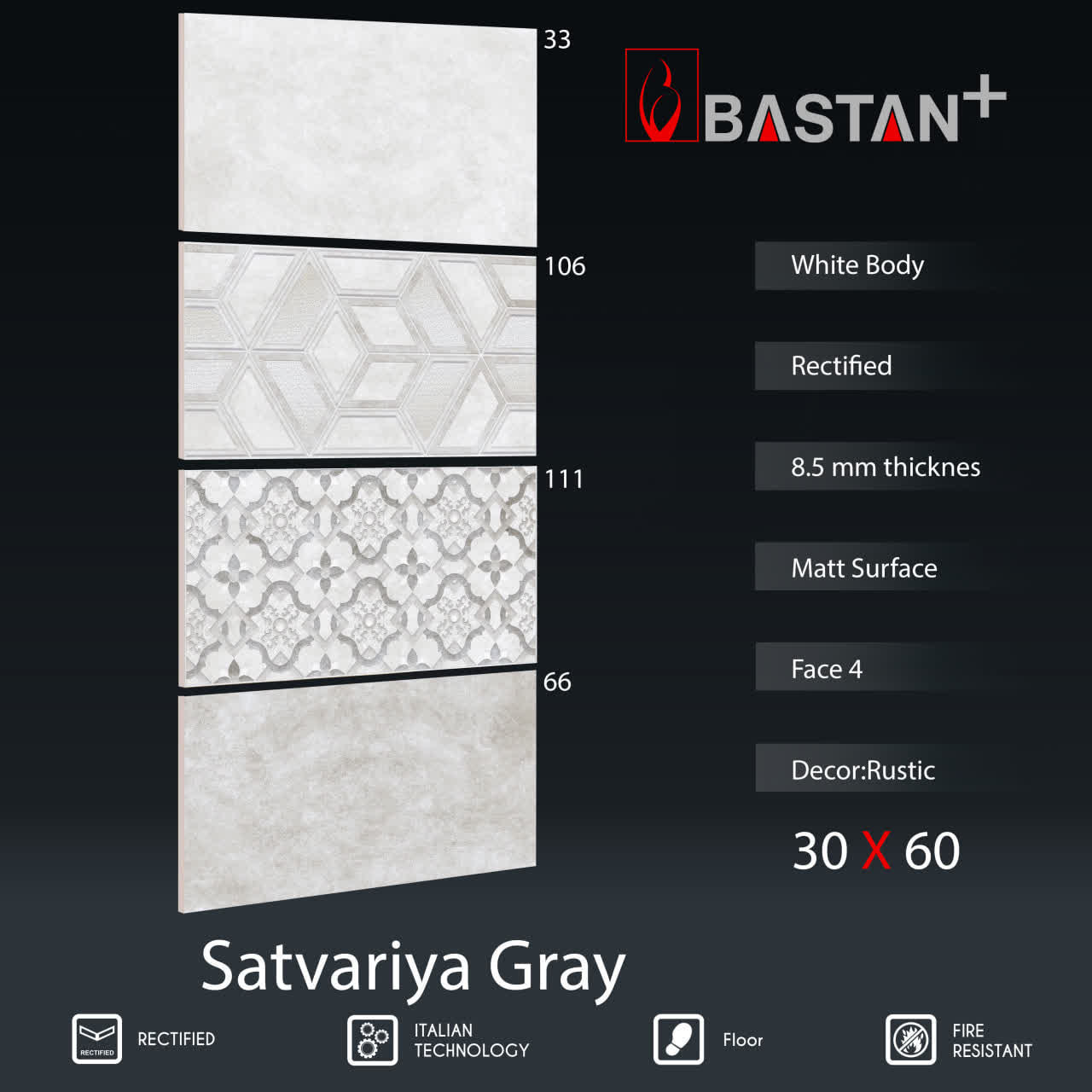 کاشی و سرامیک  بدنه سفید 60×30 ساتواریا طوسی روشن 5669 (مات 33)