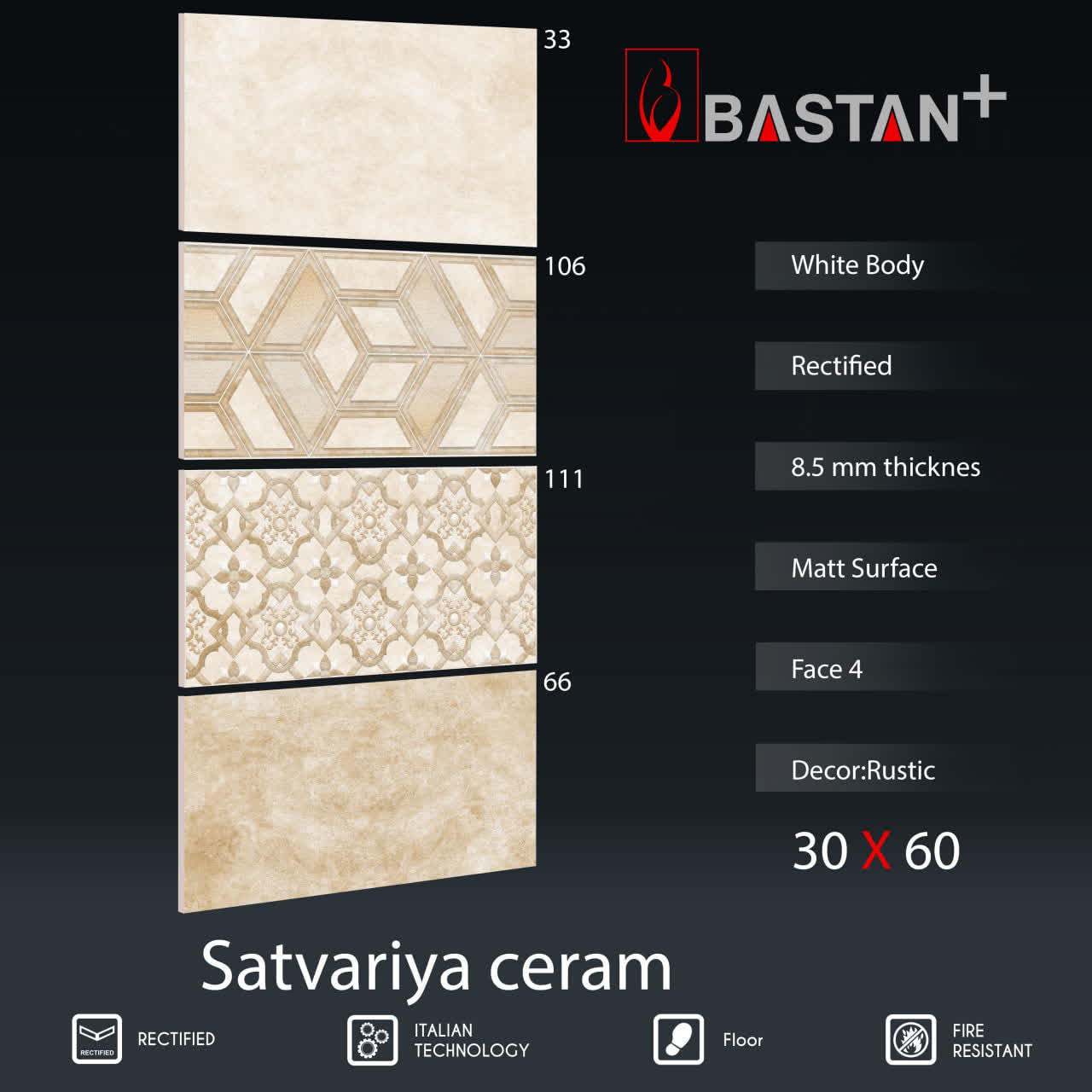 کاشی و سرامیک  بدنه سفید 60×30 ساتواریا کرم تیره 5661 (مات 66)