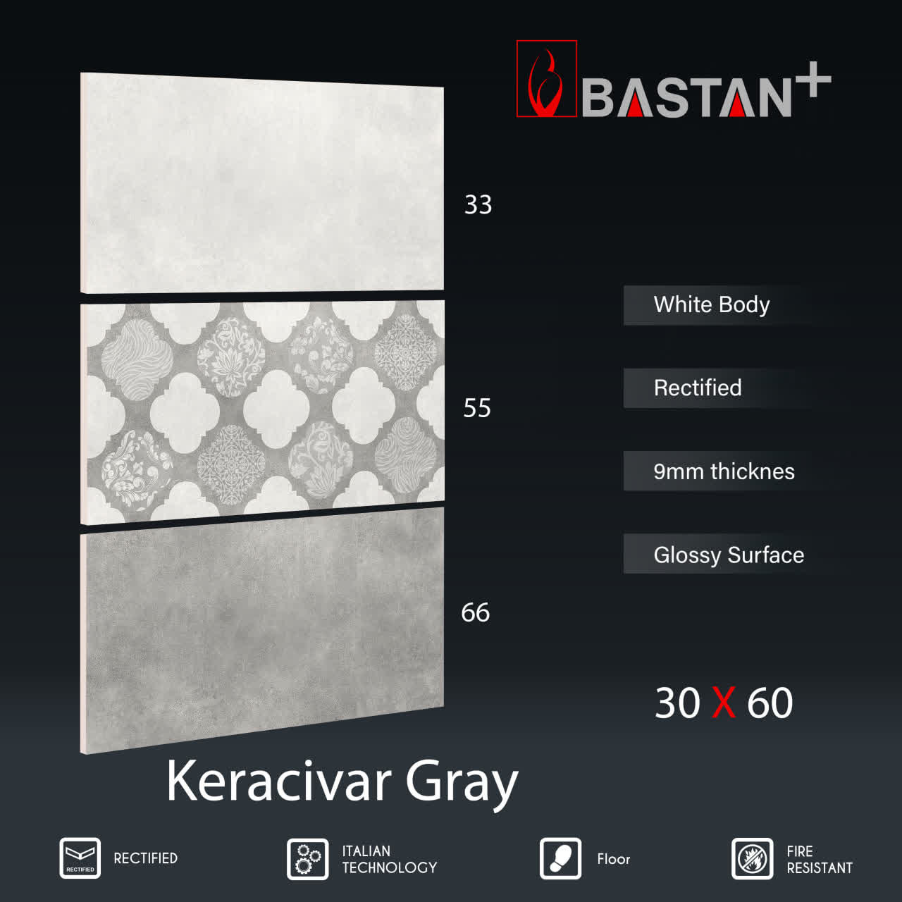 کاشی و سرامیک  بدنه سفید 60×30 کراسیوا طوسی دکور 5176 (براق 55)