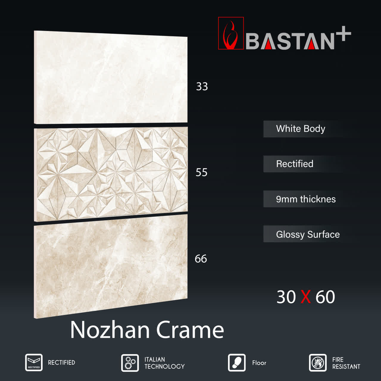 کاشی بدنه سفید 60×30 نوران کرم دکور 5174 (براق 55)