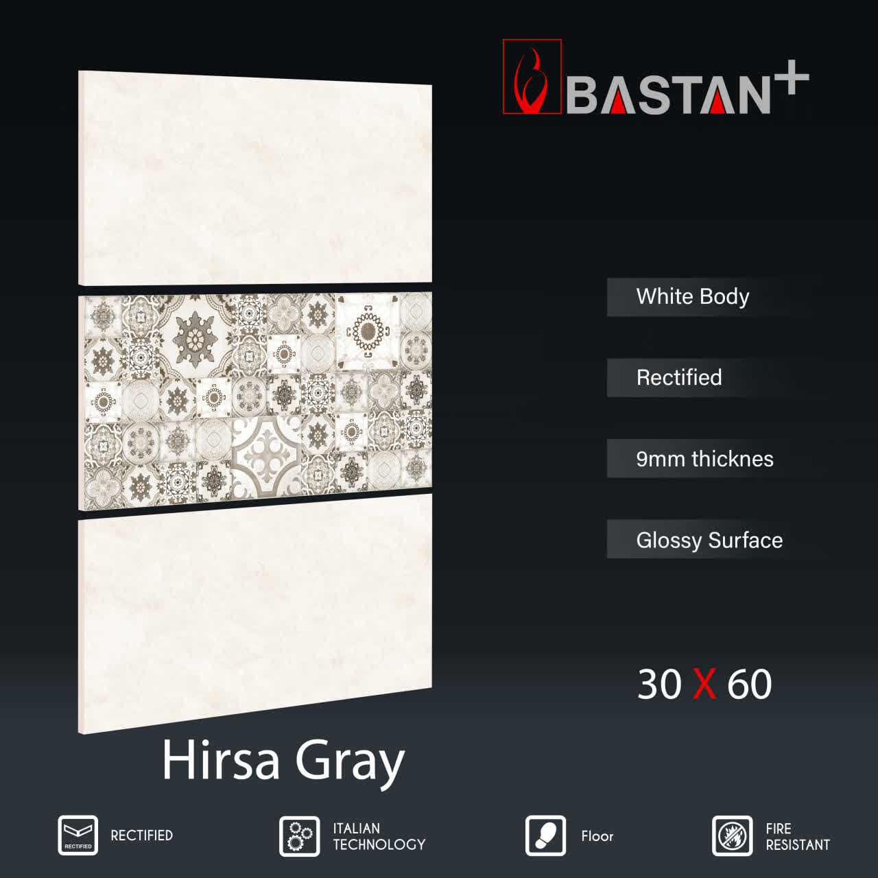 کاشی و سرامیک  بدنه سفید 60×30 هیرسا طوسی دکور 5394 (مات 55)
